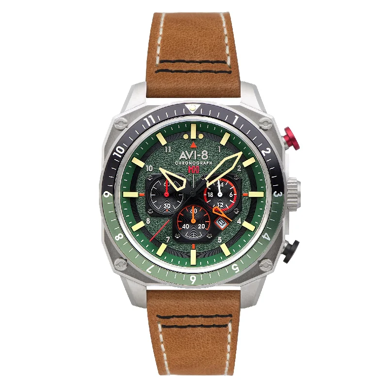 men's pilot watches with anti-reflective style design -AVI-8 Hawker Hunter Atlas Dual Time Chronograph Forest