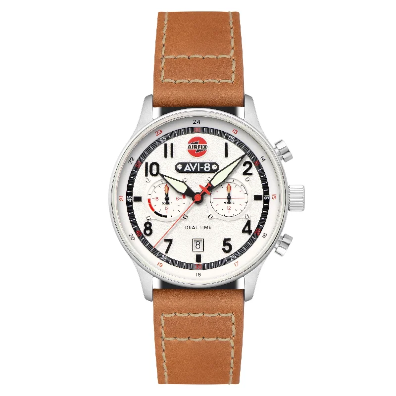 men's pilot watches with chronograph style design -AVI-8 Carey Dual Time Airfix Edition Silver White