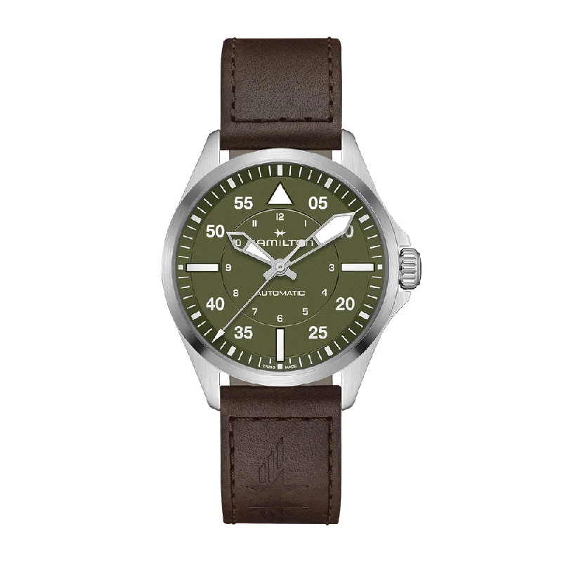men's pilot watches with leather straps -Khaki Aviation Pilot Auto 39mm - Green on Strap
