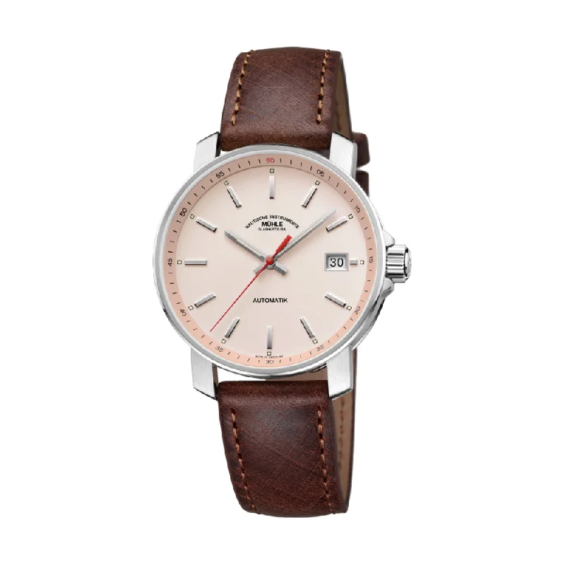 men's GMT pilot watches -29er Apricot Dial 36.6mm on Brown Leather Strap