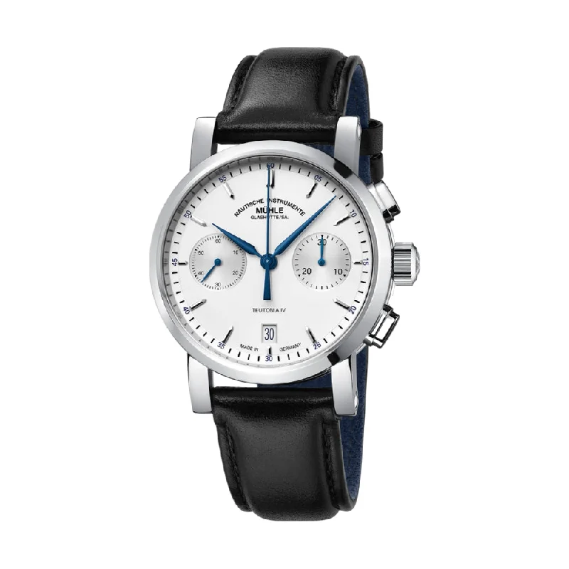 men's dive watches with magnifying glass -Teutonia IV Chronograph White Dial 39mm on Black Leather Strap