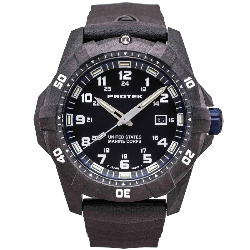 men's skeletonized watches with polished finish -ProTek Carbon USMC Series Dive Black Blue men's skeletonized watches with polished finish -ProTek Carbon USMC Series Dive Black Blue