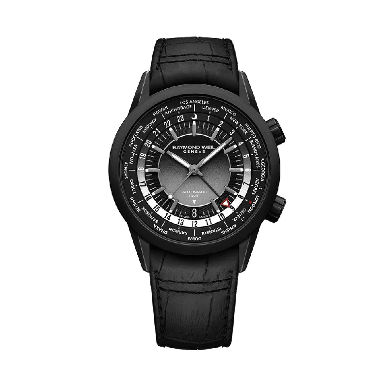 men's pilot watches with moon phase design -Freelancer GMT Worldtimer 40.5mm - Black on Leather Strap