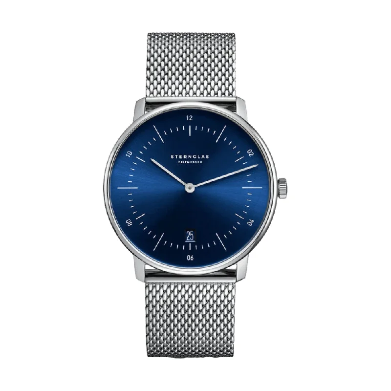 men's hand-wound pilot watches -Naos Sunburst Blue Dial 38mm on Steel Milanaise Bracelet men's hand-wound pilot watches -Naos Sunburst Blue Dial 38mm on Steel Milanaise Bracelet