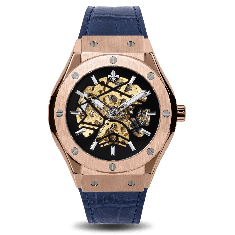 men's mechanical watches with convex design -Prague Skeleton Automatic Deluxe - Rose Gold + Blue Leather Strap men's mechanical watches with convex design -Prague Skeleton Automatic Deluxe - Rose Gold + Blue Leather Strap