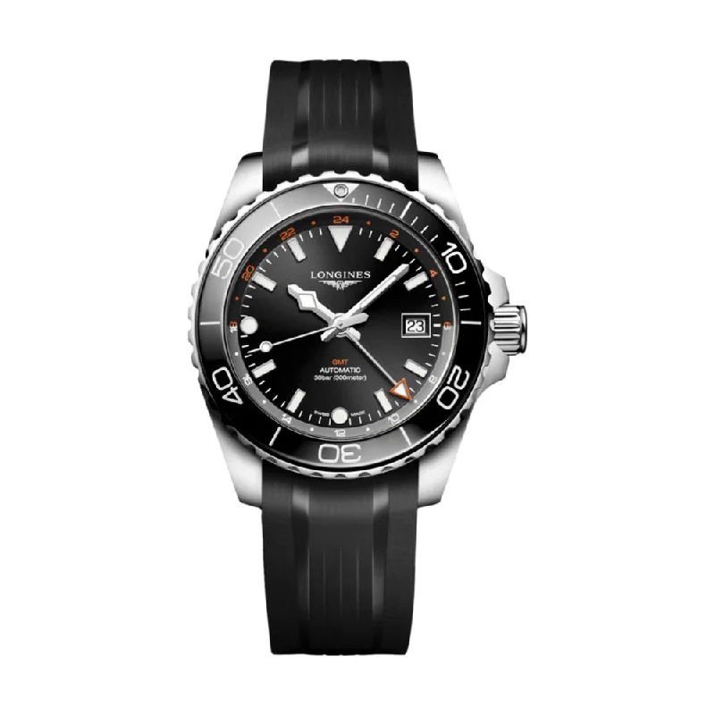 men's GMT watches with C3 SuperLuminova design -HydroConquest GMT Black Dial 41mm on Rubber Strap