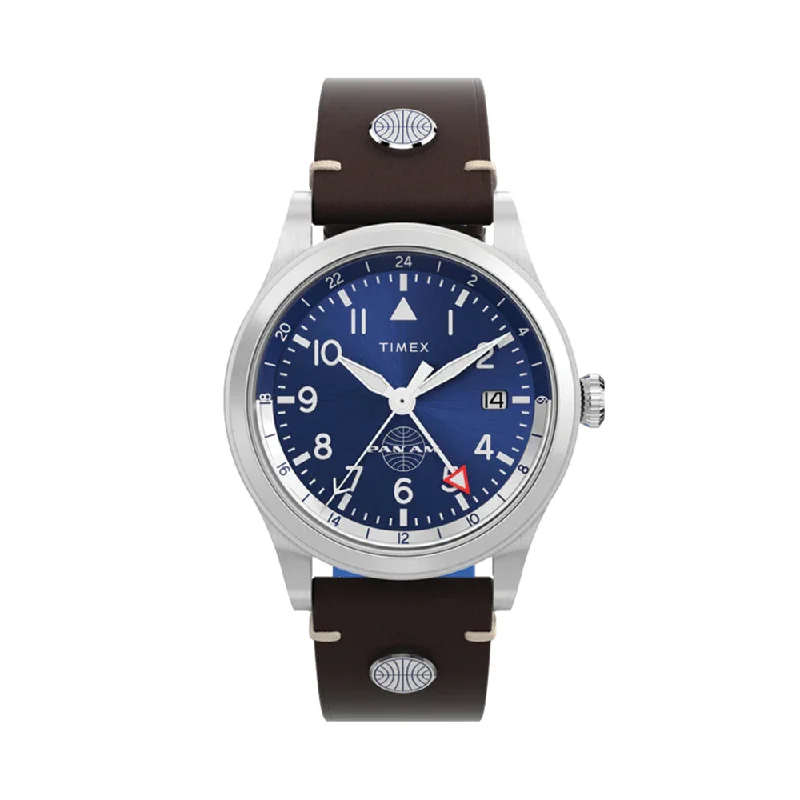 men's digital watches with solar style design -Waterbury GMT x Pan Am® 39mm - Blue on Leather Strap men's digital watches with solar style design -Waterbury GMT x Pan Am® 39mm - Blue on Leather Strap
