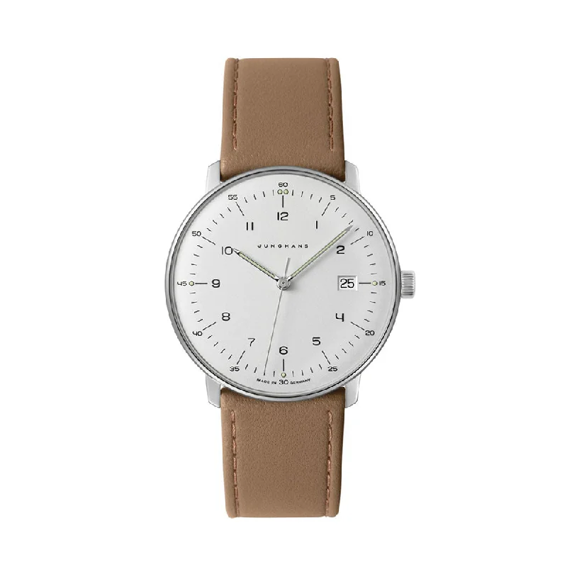 men's digital watches with custom engraving display -Max Bill Quartz 38mm - White on Tan Leather Strap men's digital watches with custom engraving display -Max Bill Quartz 38mm - White on Tan Leather Strap