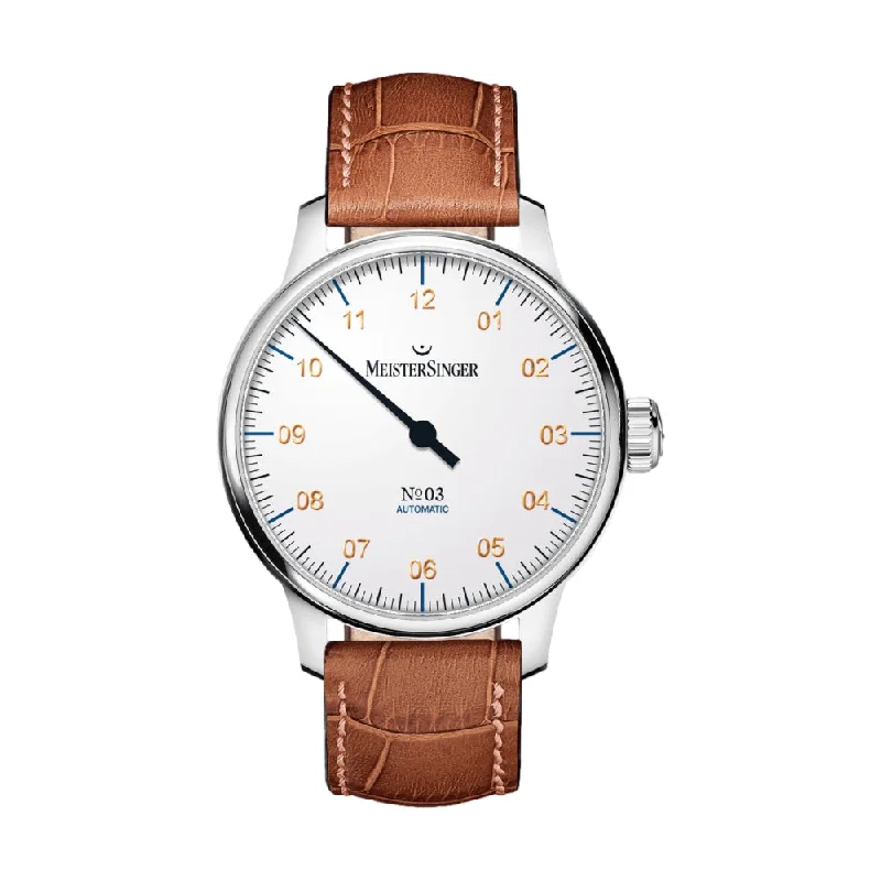 men's field watches with hand-wound style design -N°03 White Dial 43mm on Cognac Croco Print Leather Strap men's field watches with hand-wound style design -N°03 White Dial 43mm on Cognac Croco Print Leather Strap