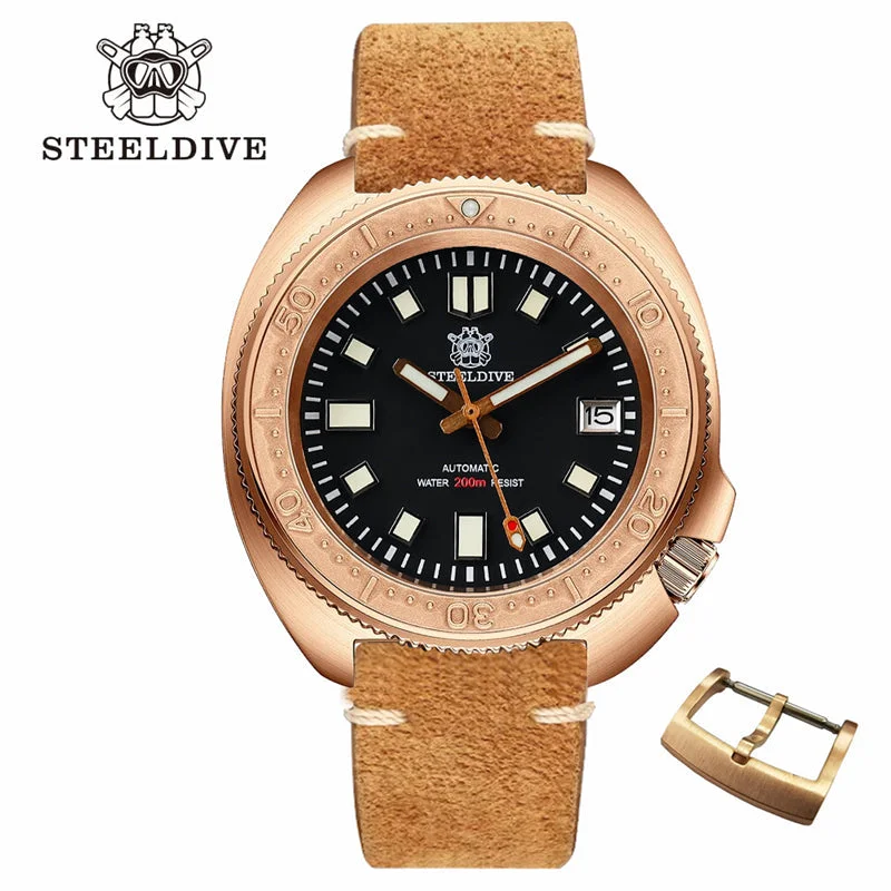 men's leather strap dive watches -Steeldive 1970S Bronze Captain Willard 6105 Watch V2