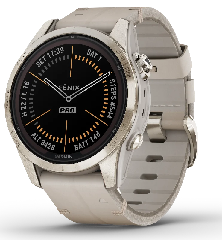 Smart Watches for Mens Voice Assistant-Garmin Fenix 7S Pro Sapphire Solar Soft Gold Leather D