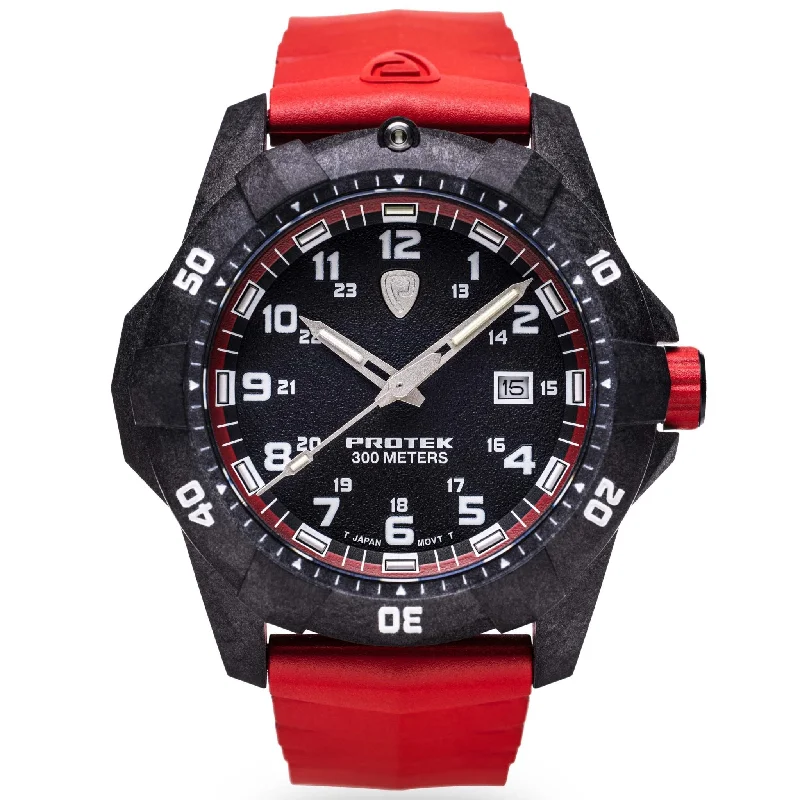 men's field watches with triple time zone style design -ProTek Carbon Dive 1000 Series Tritium Red