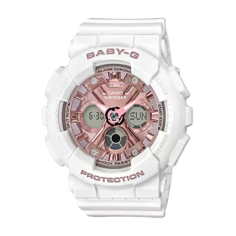 women's Casio magnetic-resistant design watches -CASIO BABY-G BA-130-7A1DR ANALOG-DIGITAL WHITE PINK WATCH