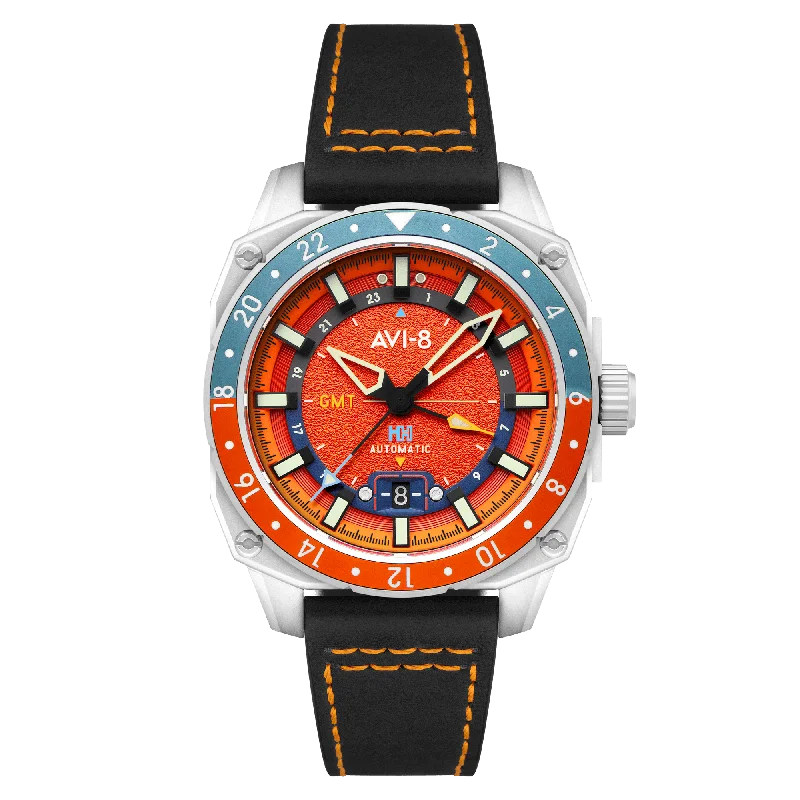 men's pilot watches with chime design -AVI-8 Hawker Hunter Atlas Gmt Automatic Orangish Red