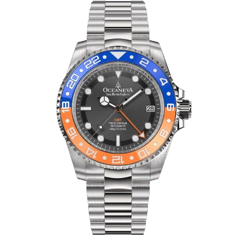 men's skeletonized watch with black dial -Oceaneva Deep Marine Explorer GMT Automatic 1250M Pro Diver Orange Blue men's skeletonized watch with black dial -Oceaneva Deep Marine Explorer GMT Automatic 1250M Pro Diver Orange Blue