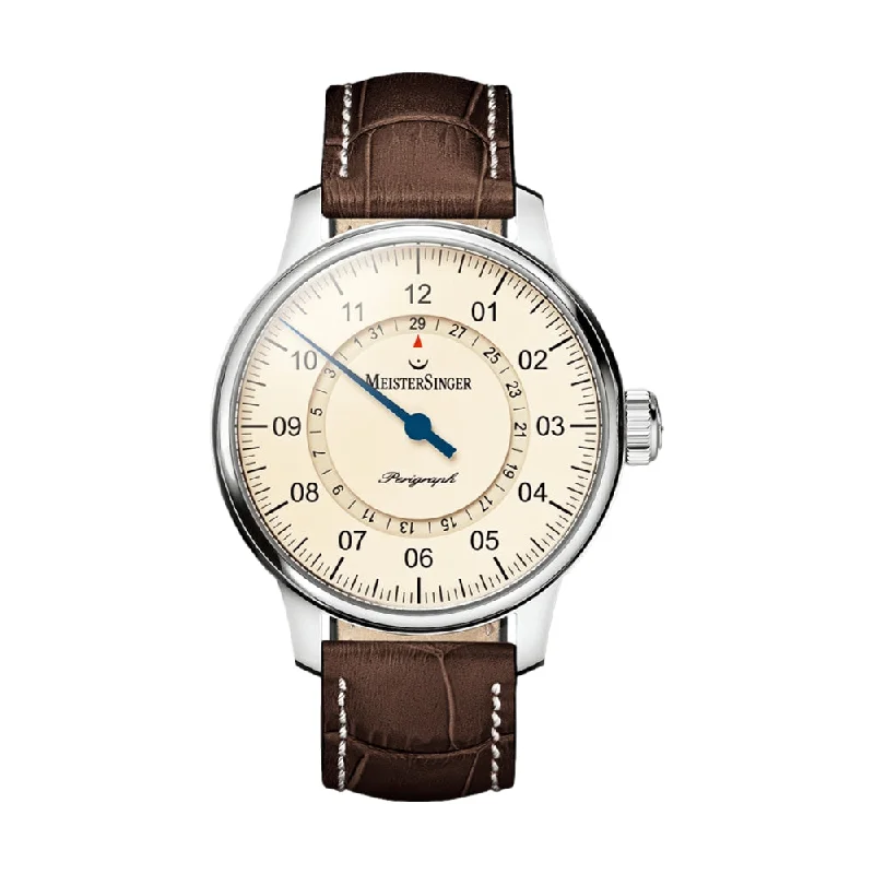 men's field watches with timer style design -Perigraph Ivory Dial 43mm on Brown Croco Print Leather Strap w/ White Stitching men's field watches with timer style design -Perigraph Ivory Dial 43mm on Brown Croco Print Leather Strap w/ White Stitching