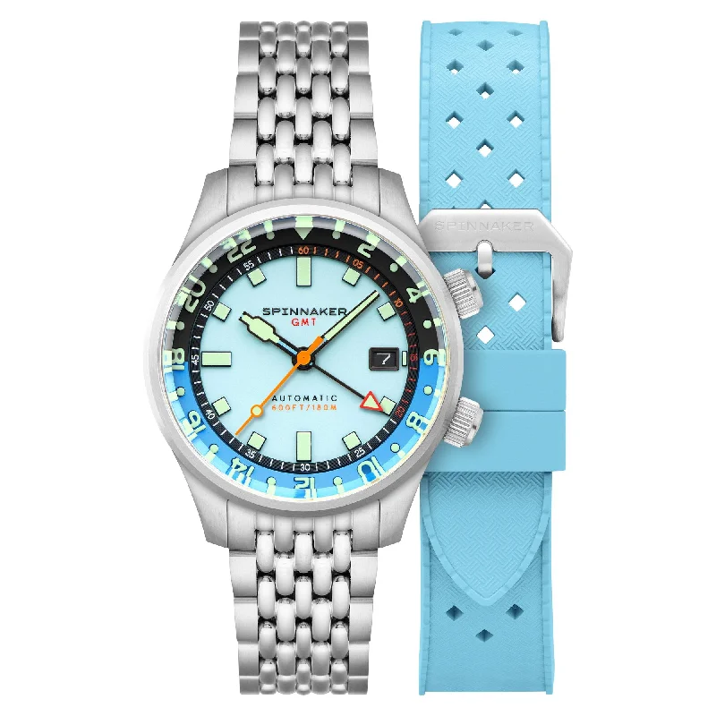 classic men's skeletonized watches -Spinnaker Bradner GMT Automatic Aquamarine Blue