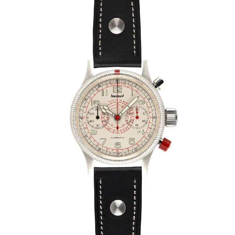 men's mechanical watches with tourbillon display -HANHART TACHYTELE OFF-WHITE 712.200-6428 CALFSKIN LEATHER MEN WATCH
