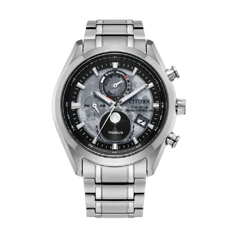 men's pilot watches with quick-release style straps -Tsuki-yomi A-T Super Titanium Radio-Controlled Moonphase 43mm - Grey on Bracelet men's pilot watches with quick-release style straps -Tsuki-yomi A-T Super Titanium Radio-Controlled Moonphase 43mm - Grey on Bracelet