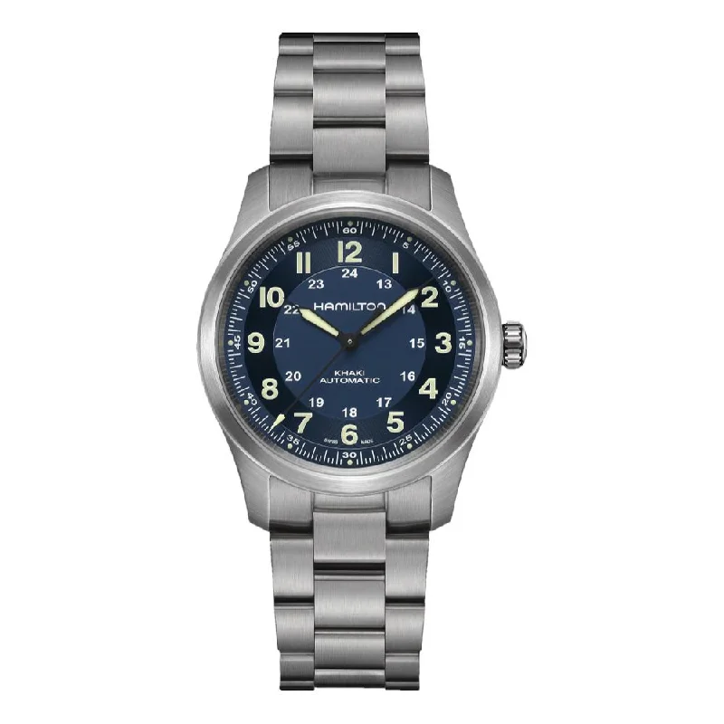 men's pilot watches with world time style design -Khaki Field Titanium Auto Blue Dial 38mm men's pilot watches with world time style design -Khaki Field Titanium Auto Blue Dial 38mm