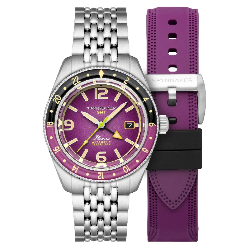 men's skeletonized watch with power reserve indicator -Spinnaker Fleuss GMT Automatic Dull Violet