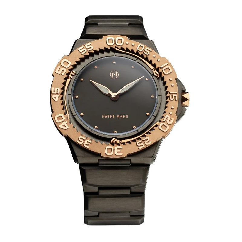 men's skeletonized watches with polished finish -Nove Trident Ultra Slim E005-02 Gunmetal Rose Gold