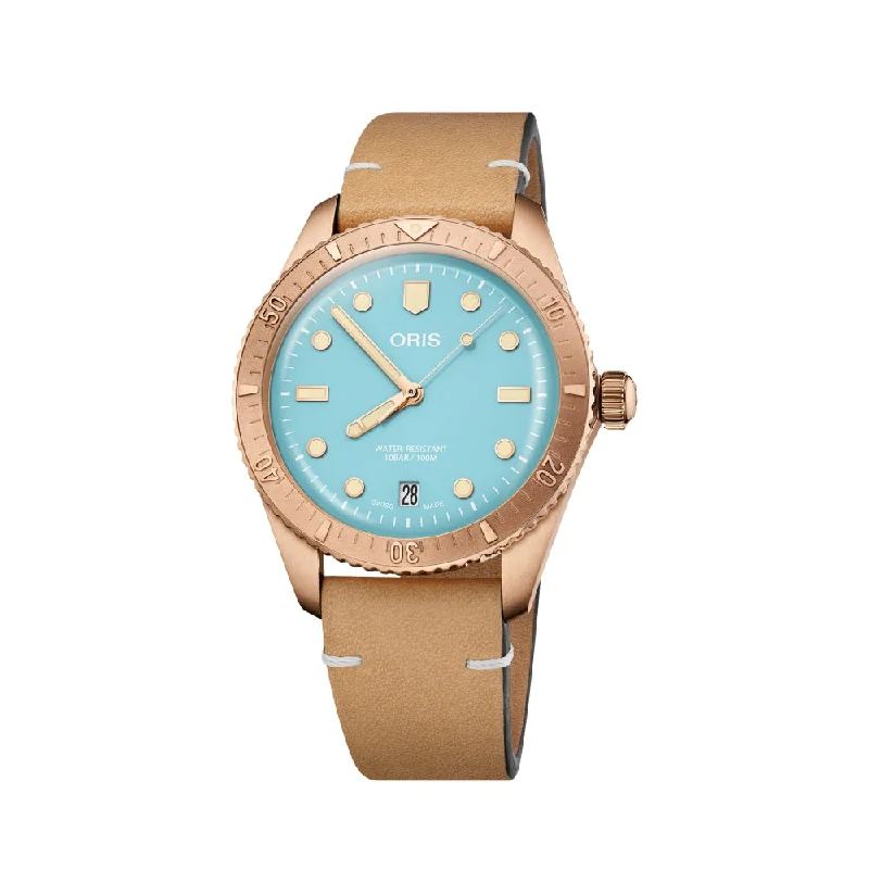 men's field watches with collector's edition style design -Divers Sixty‑Five Cotton Candy Automatic 38mm - Blue on Leather Strap