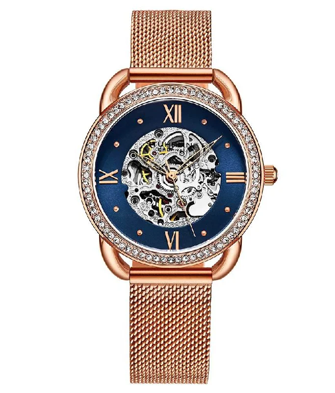 Blue Dial / Rose Case / Rose Stainless Steel Bracelet Rose Gold Layered Foldover Buckle