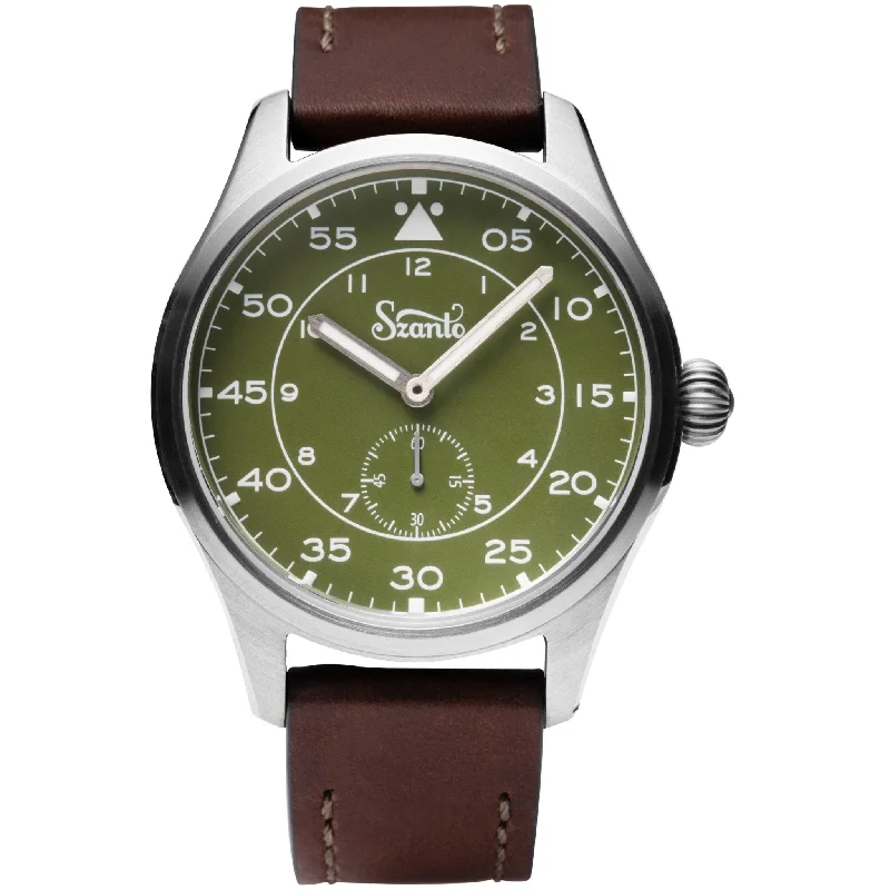 men's field watches with dual time zone style design -Szanto Heritage Aviator Green Brown