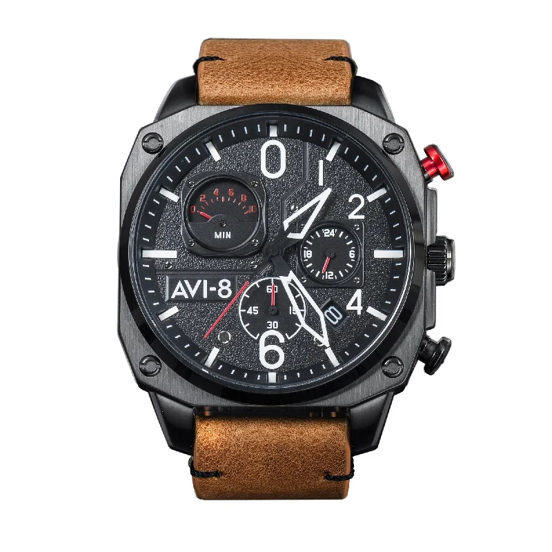 men's pilot watches with automatic design -AVI-8 Hawker Hunter Retrograde Chronograph Charcoal Ember Brown