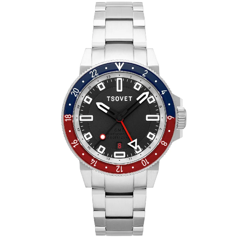 men's skeletonized watches with stainless steel -Tsovet SMT-DW42 GMT Hybrid Kinematic Automatic Blue Red men's skeletonized watches with stainless steel -Tsovet SMT-DW42 GMT Hybrid Kinematic Automatic Blue Red