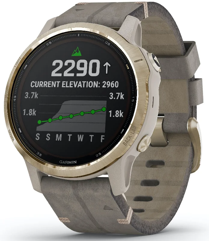 Mens Smart Watch Manual-Garmin Watch Fenix 6S Pro Solar Light Gold With Shale Suede Band D
