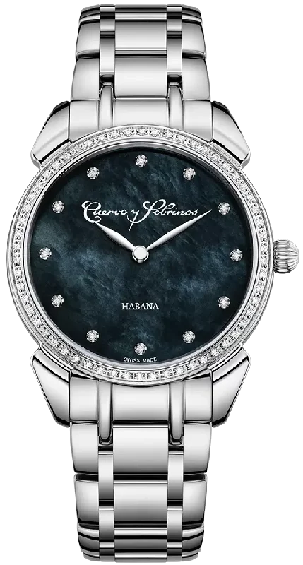 women's mechanical watches with self-winding display function -Cuervo y Sobrinos Watch Historiador Primera Dama Diamond Black Bracelet