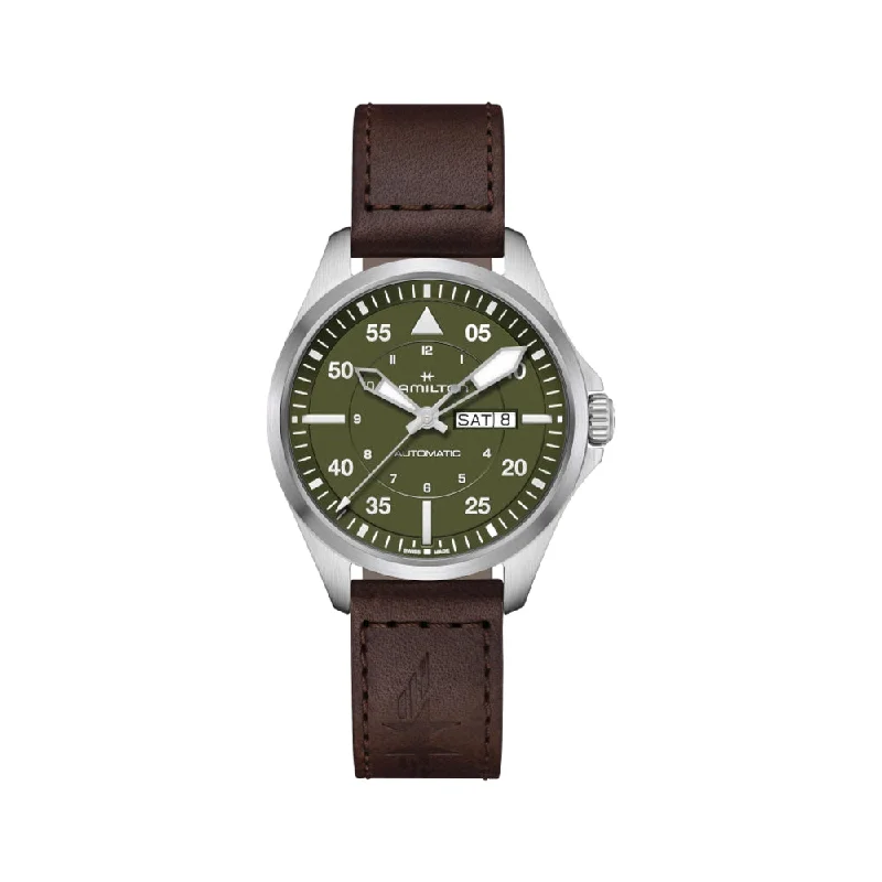 men's pilot watches with vibration alert style design -Pilot Day Date 42mm Green Dial on Strap