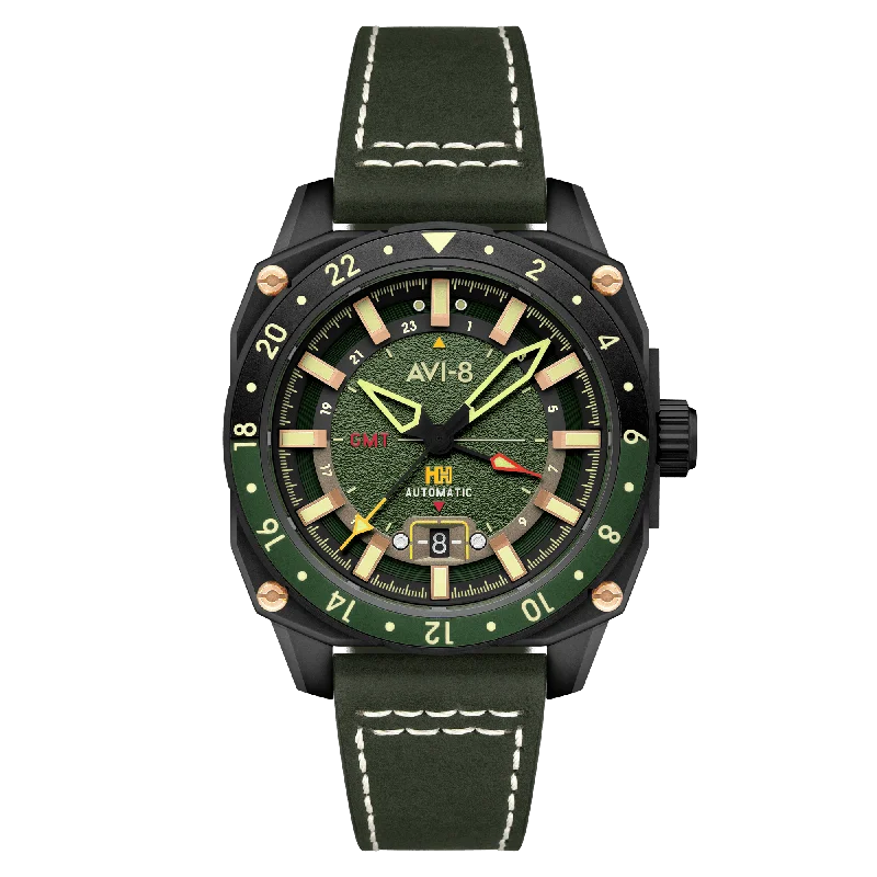men's pilot watches with special edition design -AVI-8 Hawker Hunter Atlas Gmt Automatic Amazon Green