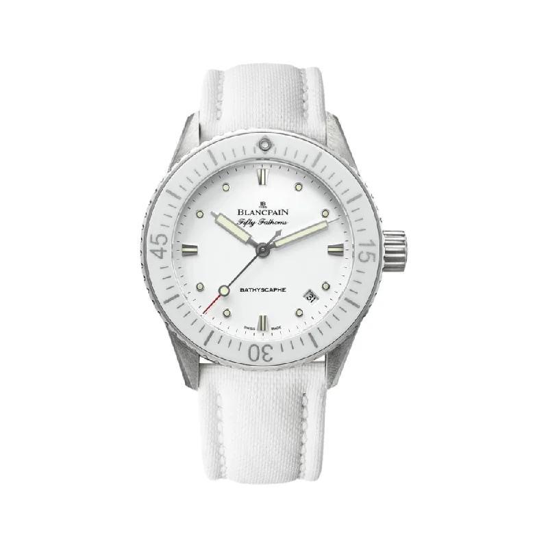 men's dive watches with alarm function -Fifty Fathoms Bathyscaphe SS 38mm - White Bezel w/ White Dial on Sail-canvas Strap