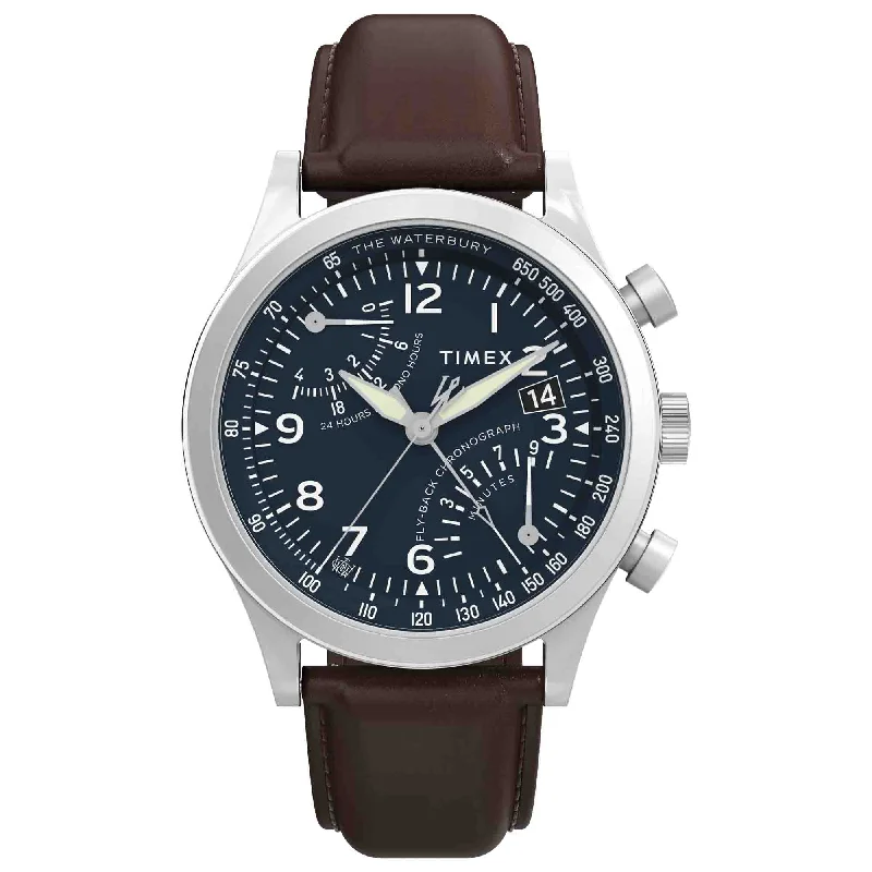 men's pilot watches with magnetic-resistant style design -Timex Waterbury Traditional Fly Back Chrono 43mm Blue SS