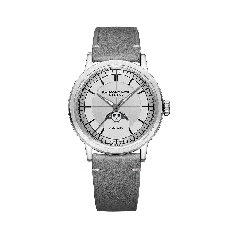 men's pilot watches with rugged design -Millesime Automatic Moonphase 39.5mm - Silver on Leather Strap men's pilot watches with rugged design -Millesime Automatic Moonphase 39.5mm - Silver on Leather Strap