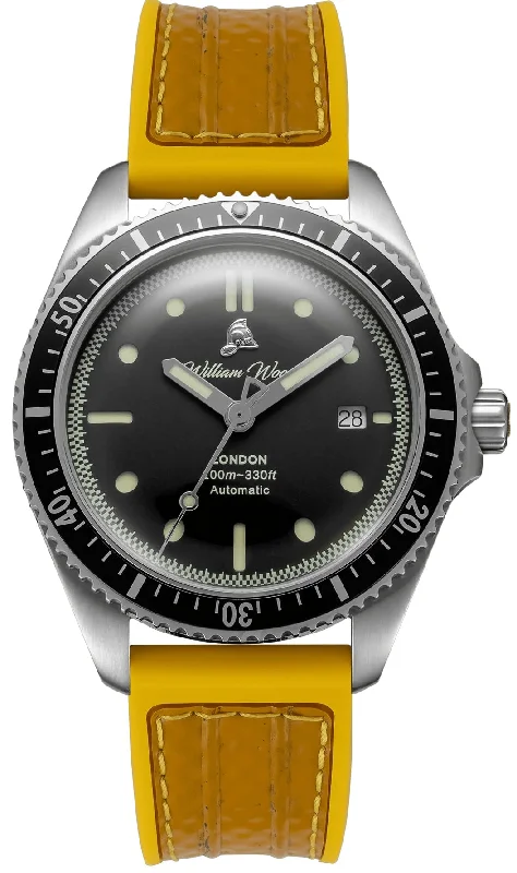 men's mechanical watches with phosphorescent display -William Wood Valiant Black Yellow Fire Hose