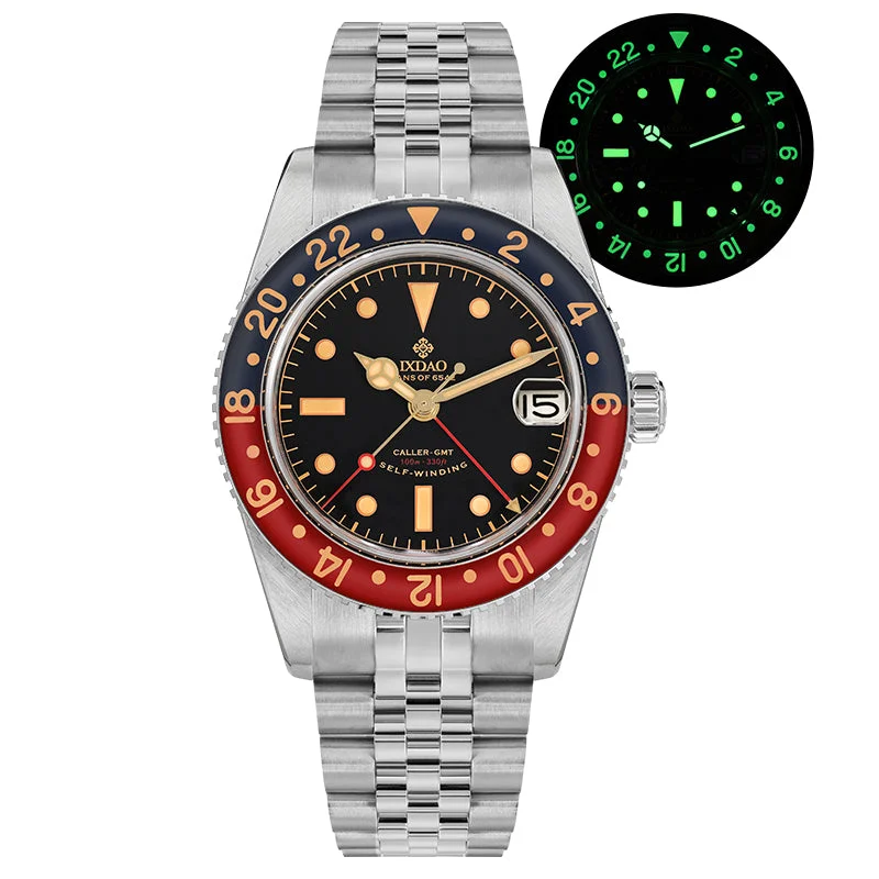 men's GMT watches for private pilots -IXDAO 6542 904L Stainless Steel NH34 GMT Watch