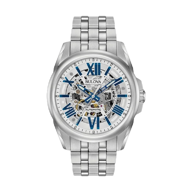 men's digital watches with polyurethane style straps -Sutton Skeleton Stainless Steel Case Blue Accents