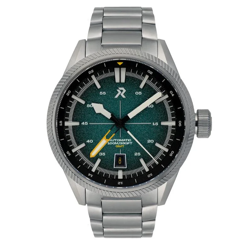 men's pilot watches with domed style design -RZE Fortitude Automatic GMT Turbo Teal