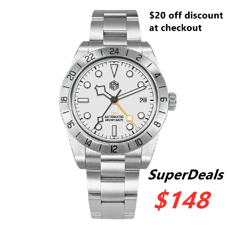 men's GMT watches with tritium style design -★SuperDeals★San Martin 39mm BB NH34 GMT Watch SN0054-GE