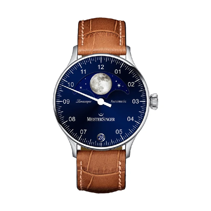 men's digital watches with SuperLuminova display -Lunascope Sunburst Blue Dial 40mm on Cognac Croco Print Leather Strap men's digital watches with SuperLuminova display -Lunascope Sunburst Blue Dial 40mm on Cognac Croco Print Leather Strap