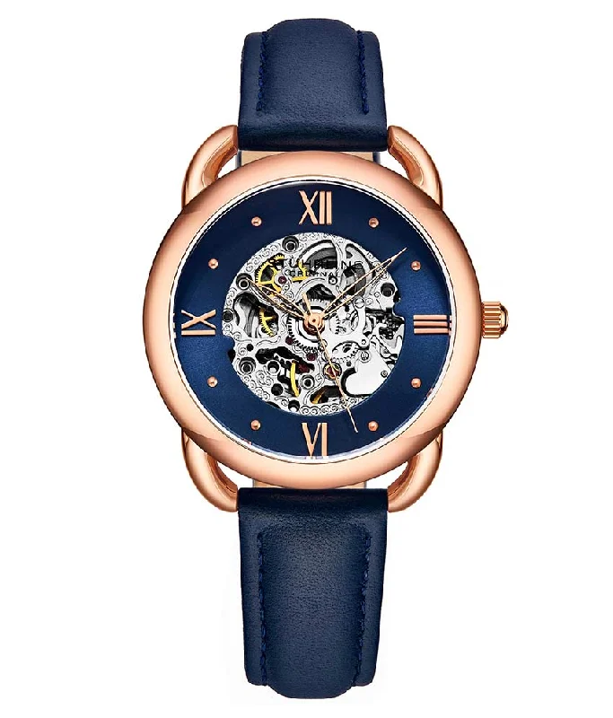 Blue Dial / Rose Case / Blue Leather Strap Rose Gold Layered Tang Buckle