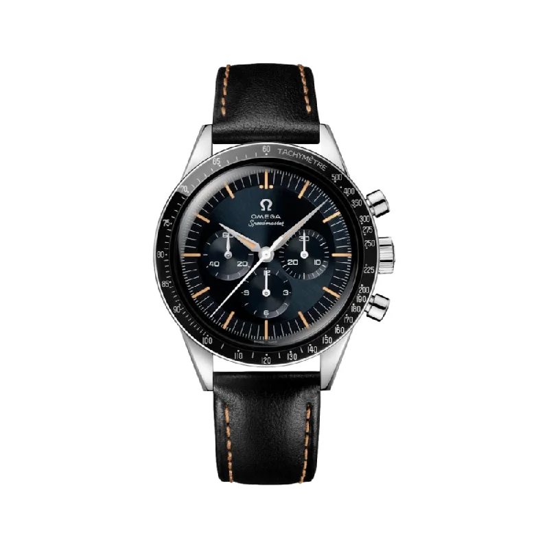 men's field watches with phosphorescent style design -Speedmaster "First Omega in Space" - Blue on Black Leather Strap