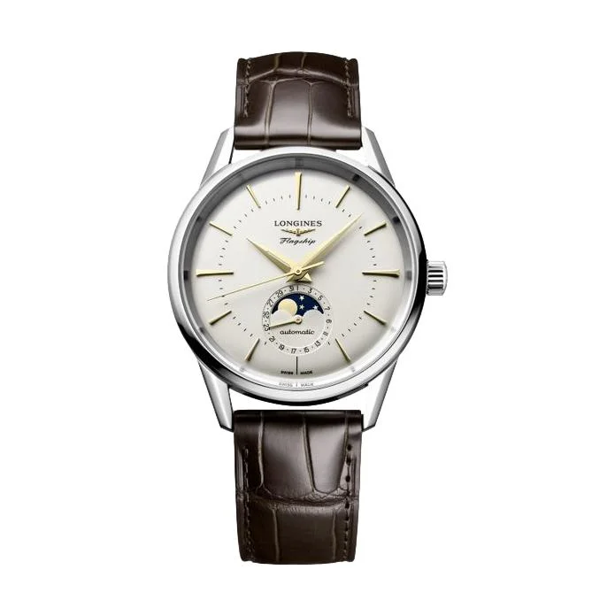 men's GMT watches with solar design -Flagship Heritage Moonphase Silvered Opaline