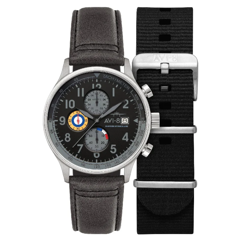 men's pilot watches with magnifying style design -AVI-8 Hawker Hurricane Classic Chronograph Grey Black