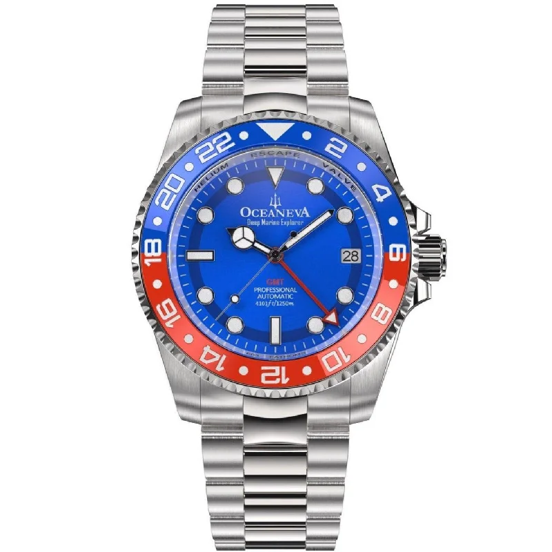 sleek men's skeletonized watches with silver case -Oceaneva Deep Marine Explorer GMT Automatic 1250M Pro Diver Blue Red