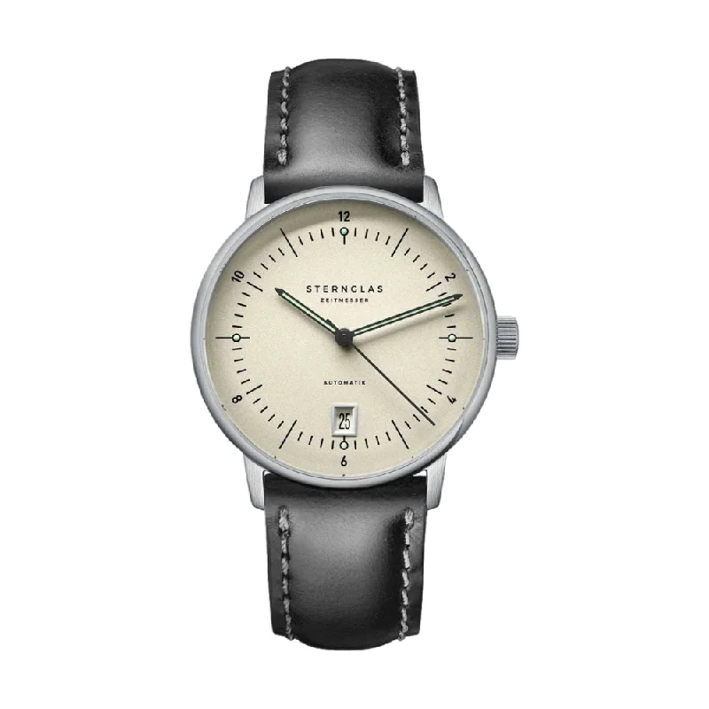 men's GMT watches with logo engraving style design -Naos Pro Automatik Alabaster on Black Leather Strap